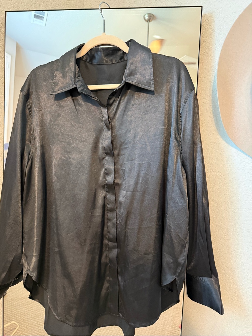 Daily Drills Black Satin Button-Up Blouse